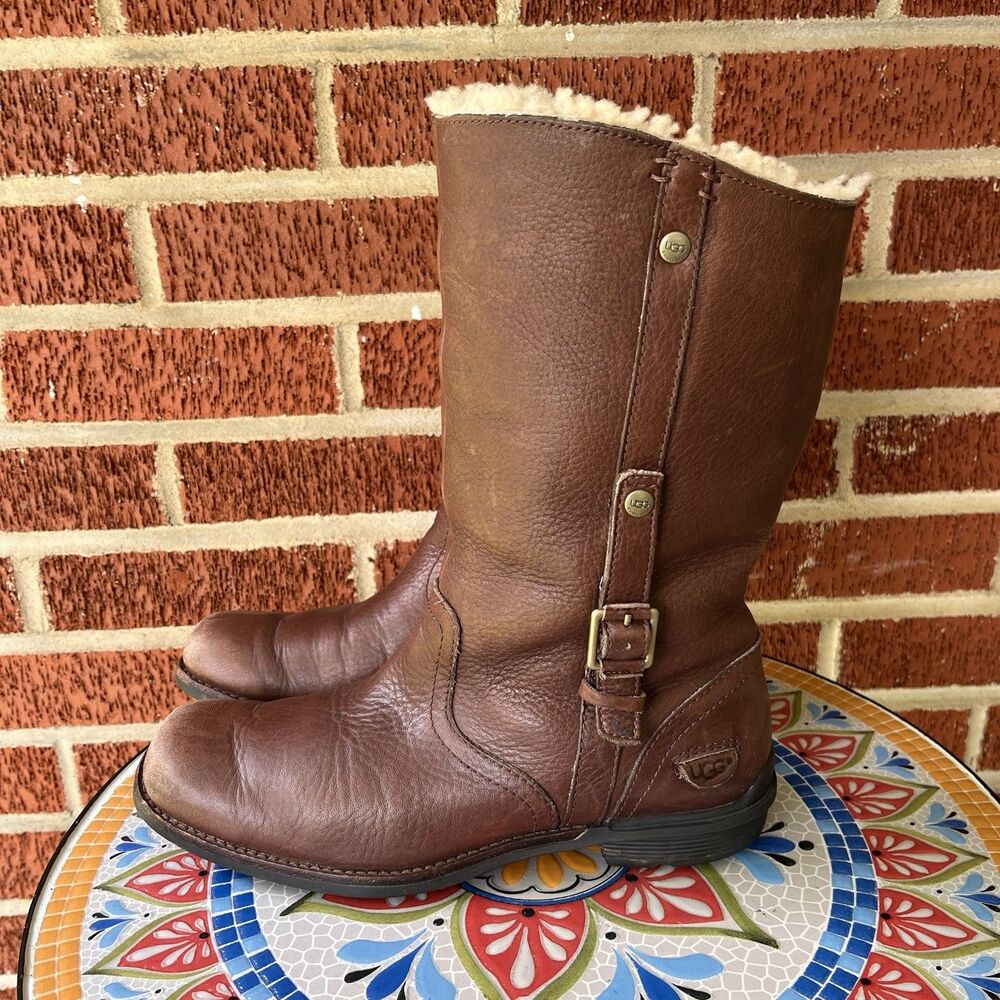 Vintage UGG Australia Bellevue Womens 8 Brown Leather Shearling Boots NO INSOLES